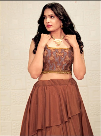 Buy Brown Ruffle Crepe Party Wear Crop Top Lehenga from EthnicPlus for ₹1349